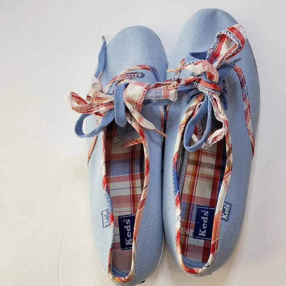 Keds Blue and Plaid Double Lace Canvas‎ Sneakers Shoes Women's 10 Summer Picnic